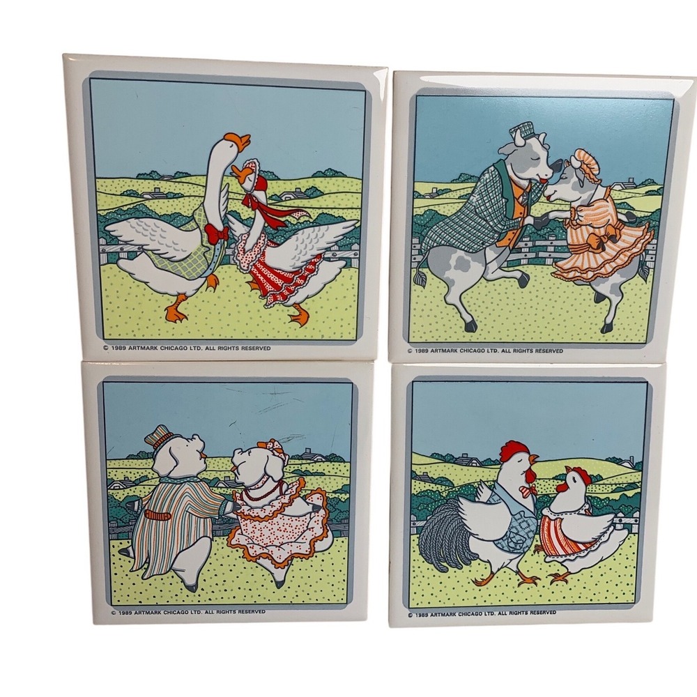 Vintage 1989 Artmark Chicago Dancing Farm Animal‎ Ceramic Tiles Trivet Cottage